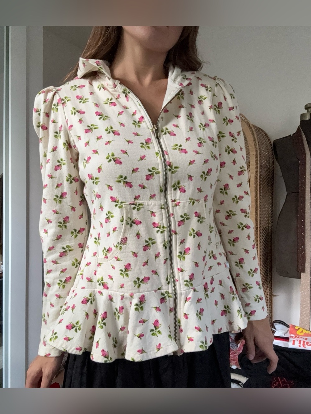 Vintage Y2K Betsey Johnson Floral Rose Puff Sleeve Peplum Zip Hoodie M